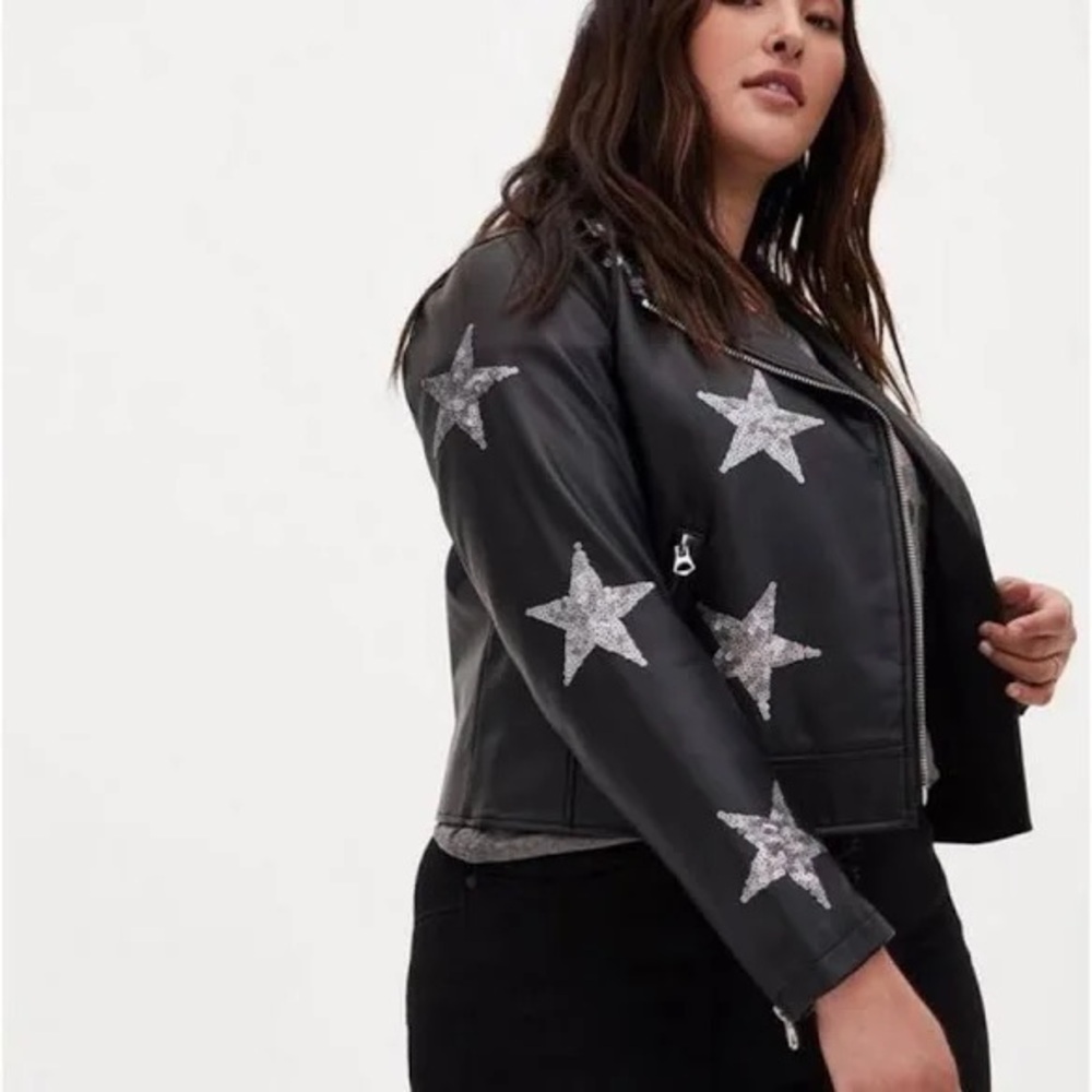 Torrid Black Leather Jacket with Silver Sequin Stars